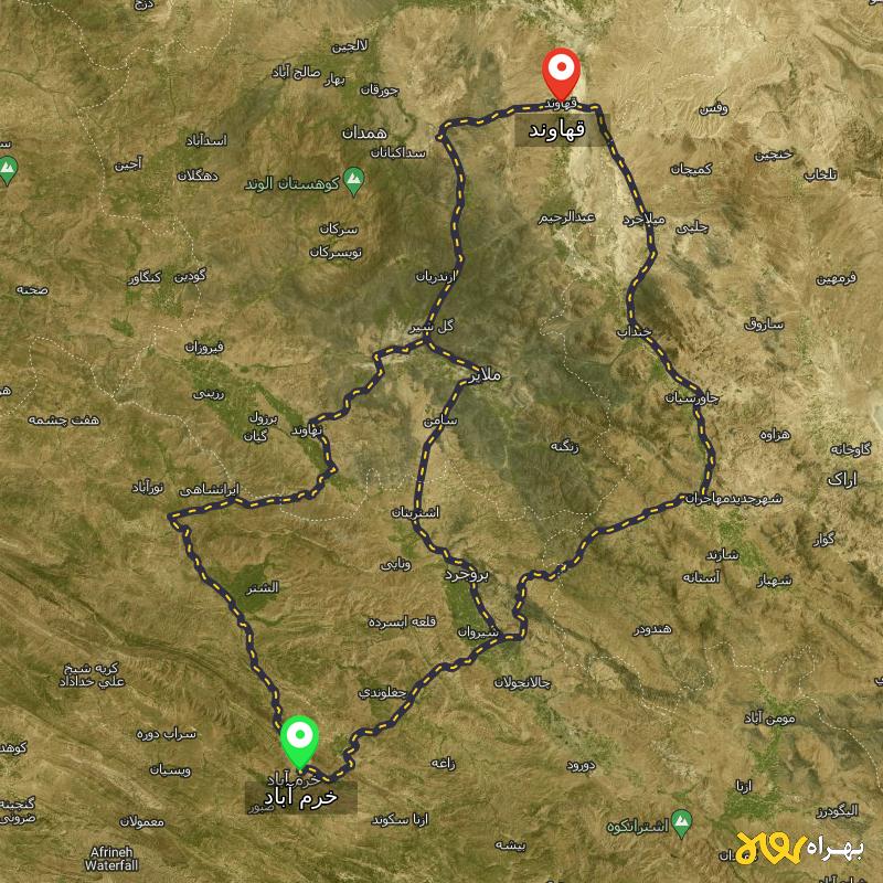 مسافت و فاصله قهاوند - همدان تا خرم آباد از ۳ مسیر - مرداد ۱۴۰۳