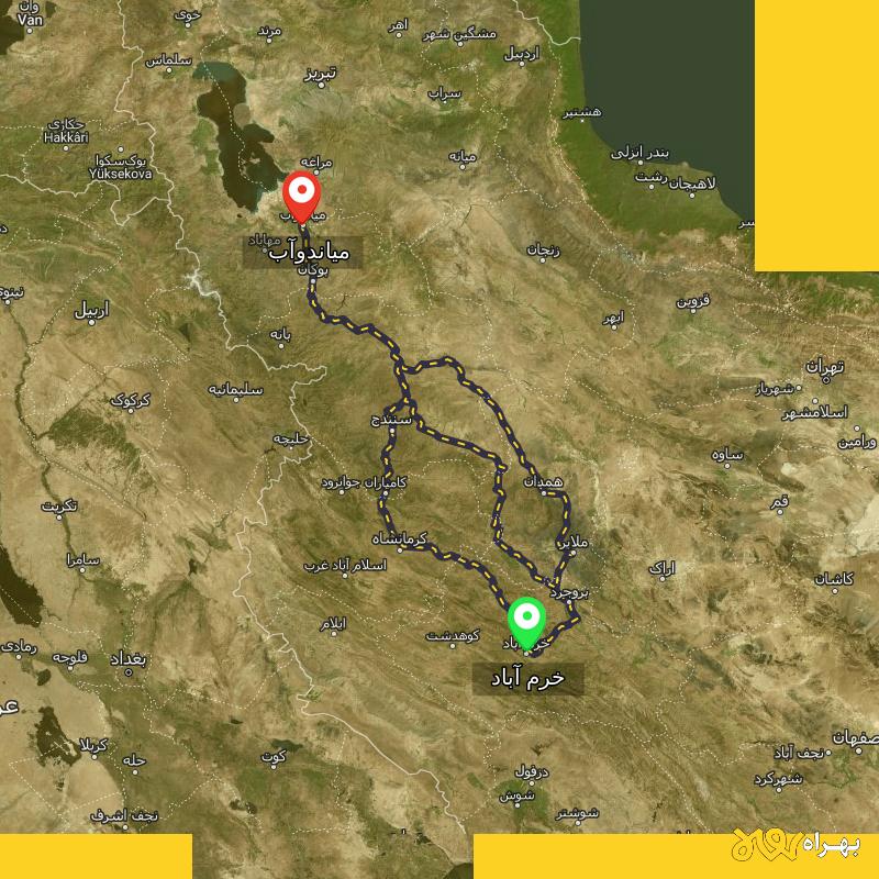 مسافت و فاصله میاندوآب - آذربایجان غربی تا خرم آباد از 3 مسیر - مسیریاب بهراه
