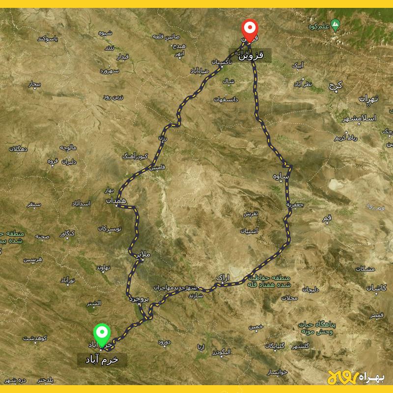 مسافت و فاصله قزوین تا خرم آباد از ۲ مسیر - اردیبهشت ۱۴۰۳