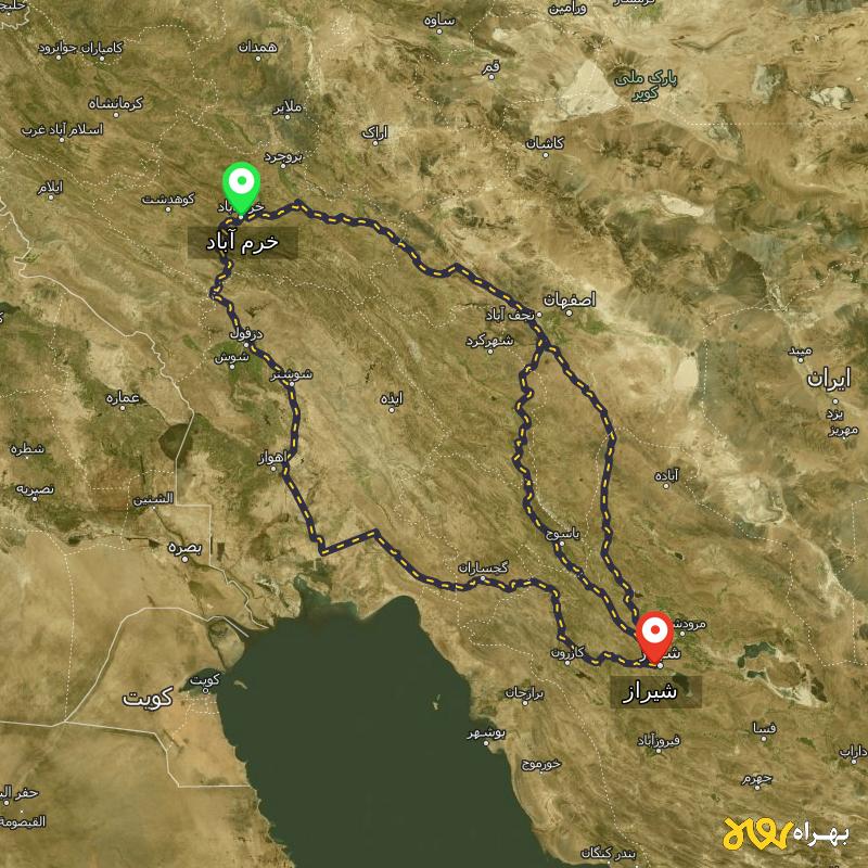 مسافت و فاصله شیراز تا خرم آباد از 3 مسیر - مسیریاب بهراه
