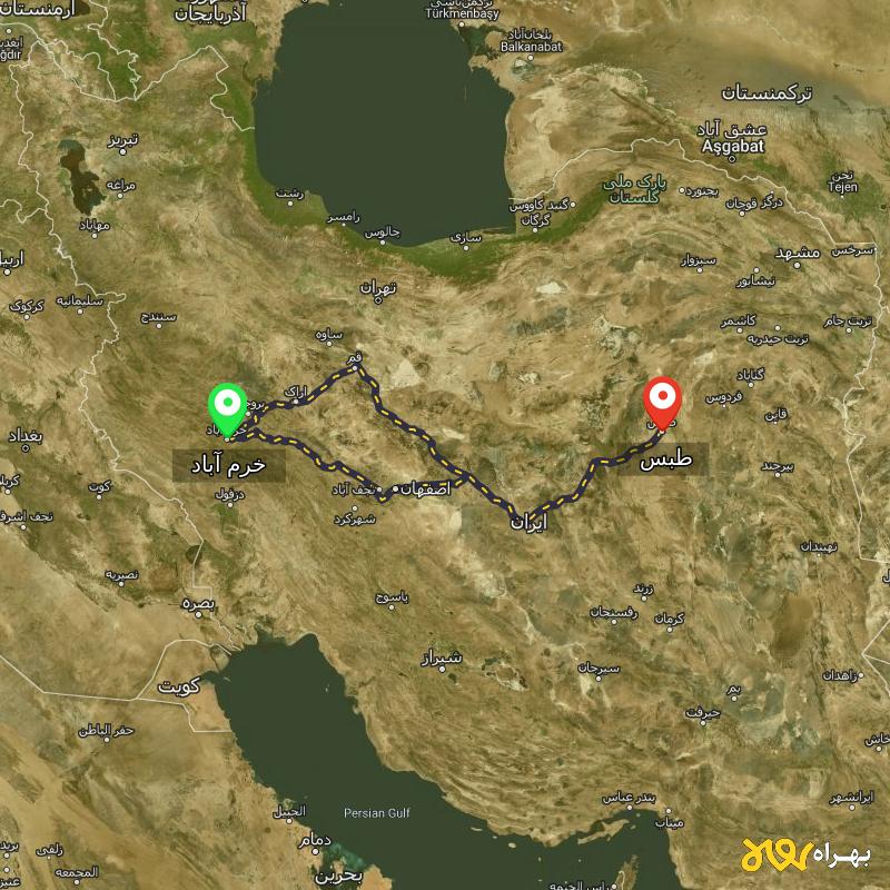 مسافت و فاصله طبس - خراسان جنوبی تا خرم آباد از ۲ مسیر - آذر ۱۴۰۳