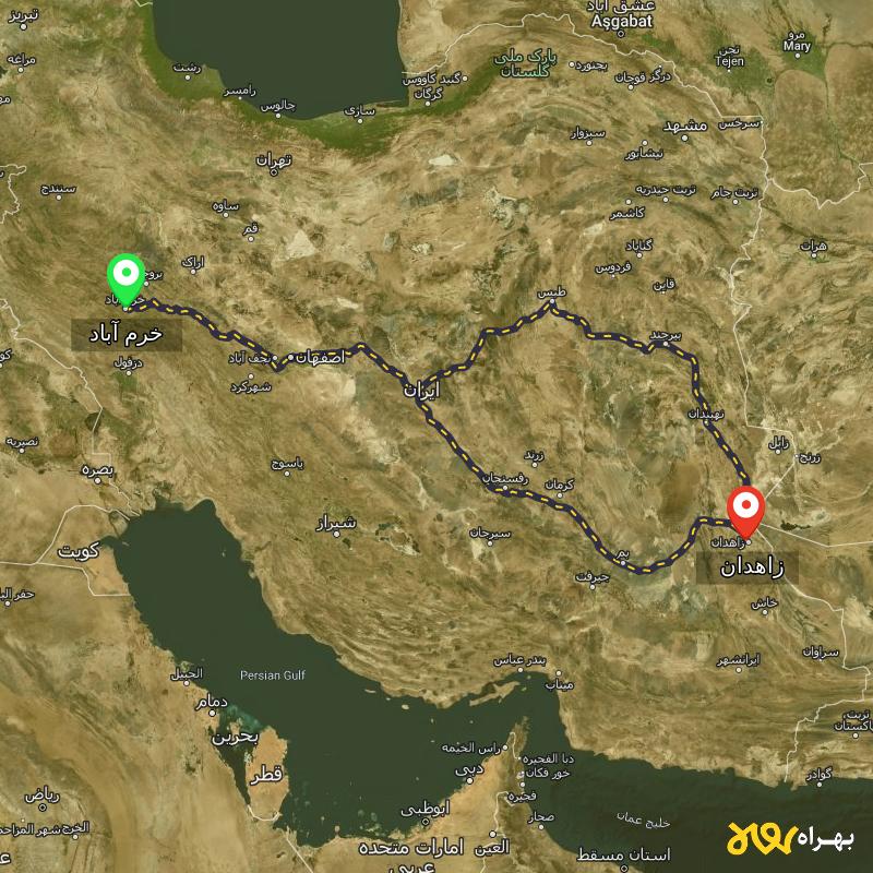 مسافت و فاصله زاهدان تا خرم آباد از ۲ مسیر - اردیبهشت ۱۴۰۳
