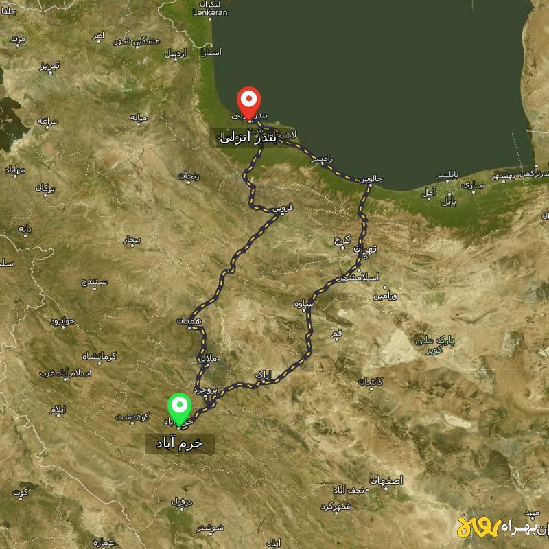 مسافت و فاصله بندر انزلی تا خرم آباد از ۲ مسیر - مرداد ۱۴۰۳