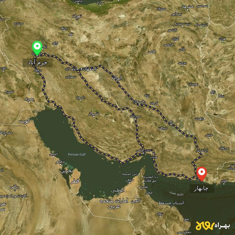 مسافت و فاصله چابهار تا خرم آباد از ۳ مسیر - اردیبهشت ۱۴۰۳
