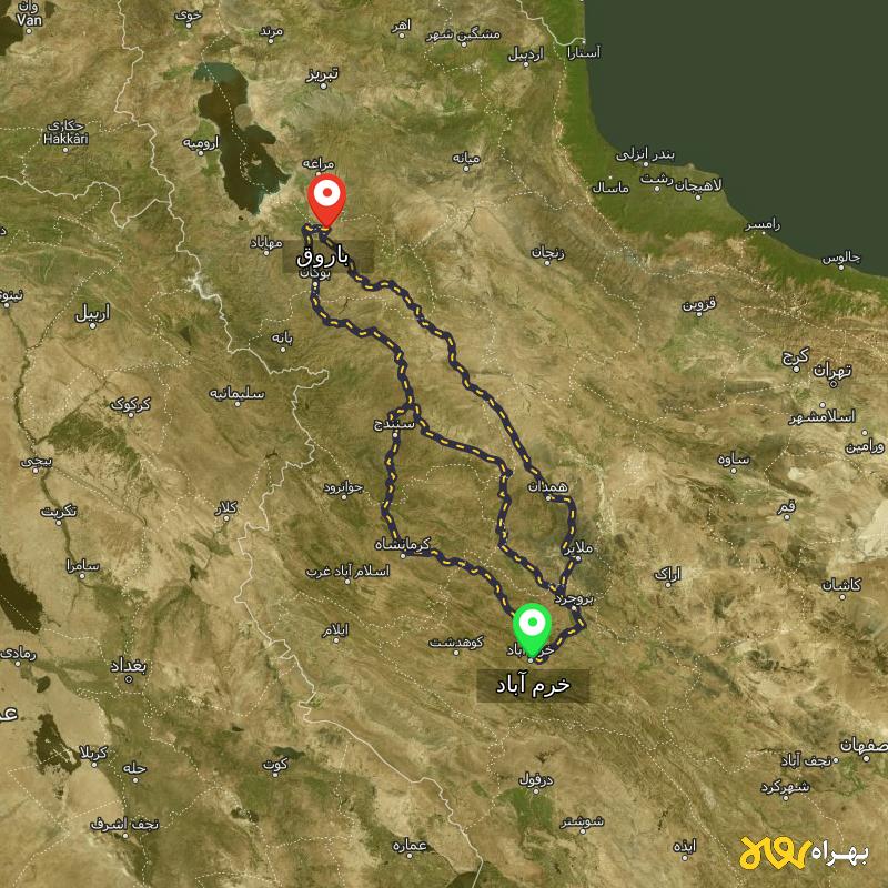 مسافت و فاصله باروق - آذربایجان غربی تا خرم آباد از ۳ مسیر - آذر ۱۴۰۳