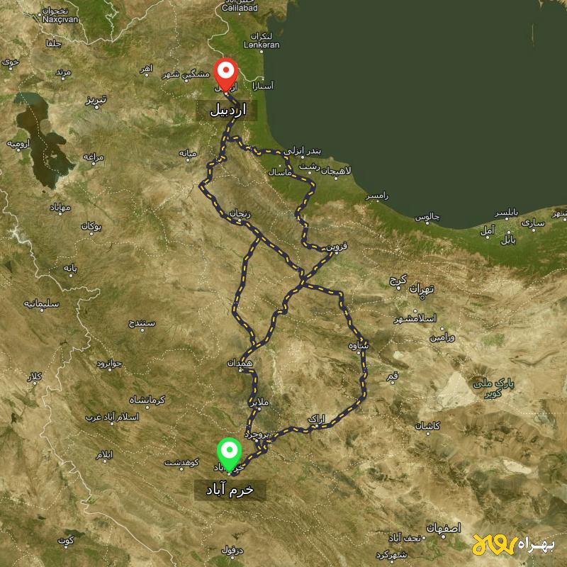 مسافت و فاصله اردبیل تا خرم آباد از ۳ مسیر - مرداد ۱۴۰۳