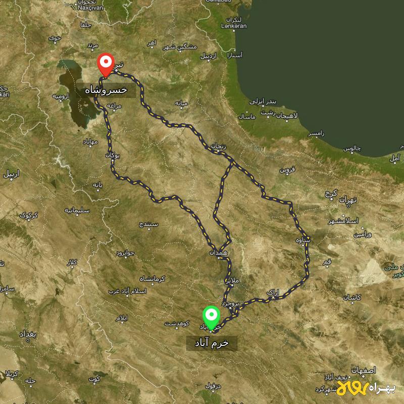 مسافت و فاصله خسروشاه - آذربایجان شرقی تا خرم آباد از ۳ مسیر - دی ۱۴۰۳