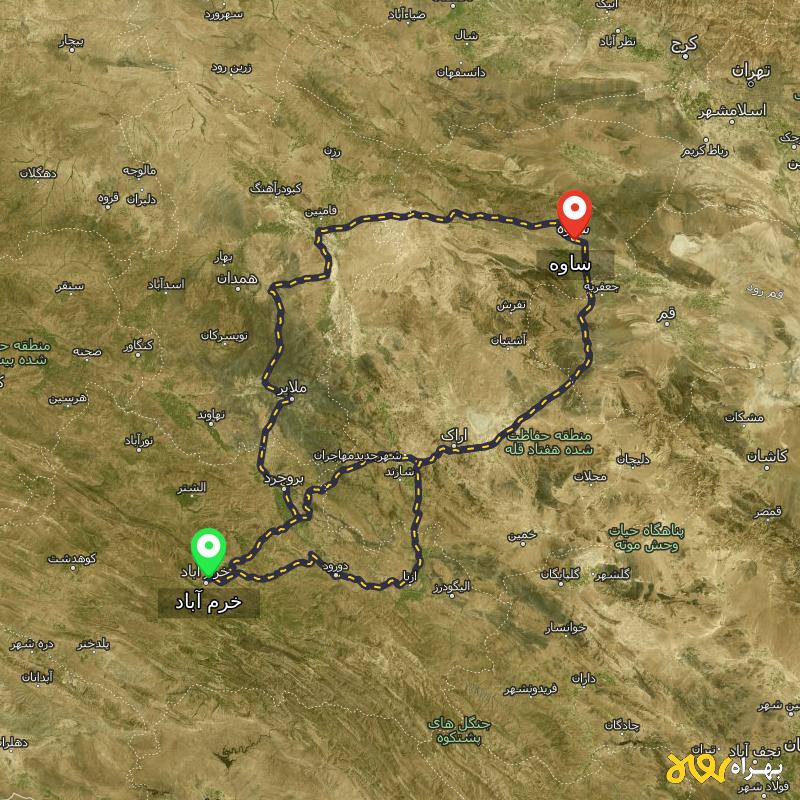 مسافت و فاصله ساوه تا خرم آباد از ۳ مسیر - مرداد ۱۴۰۳