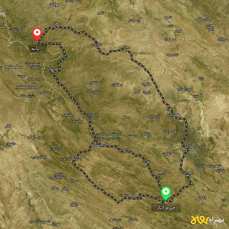 مسافت و فاصله بانه - کردستان تا خرم آباد از ۳ مسیر - اردیبهشت ۱۴۰۳