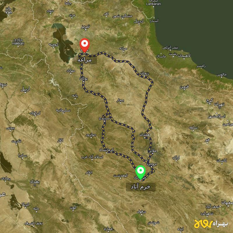 مسافت و فاصله مراغه - آذربایجان شرقی تا خرم آباد از ۳ مسیر - اردیبهشت ۱۴۰۳