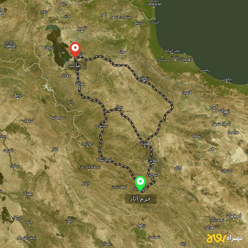 مسافت و فاصله بناب - آذربایجان شرقی تا خرم آباد از ۳ مسیر - مهر ۱۴۰۳