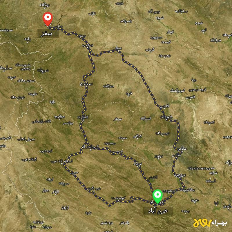 مسافت و فاصله سقز - کردستان تا خرم آباد از ۳ مسیر - مرداد ۱۴۰۳