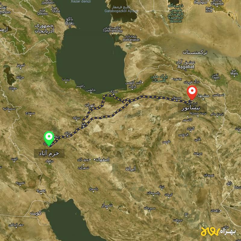 مسافت و فاصله نیشابور تا خرم آباد از ۲ مسیر - اردیبهشت ۱۴۰۳