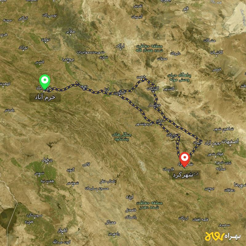 مسافت و فاصله شهرکرد تا خرم آباد از 2 مسیر - مسیریاب بهراه