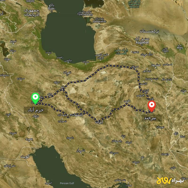 مسافت و فاصله بیرجند تا خرم آباد از ۳ مسیر - مرداد ۱۴۰۳