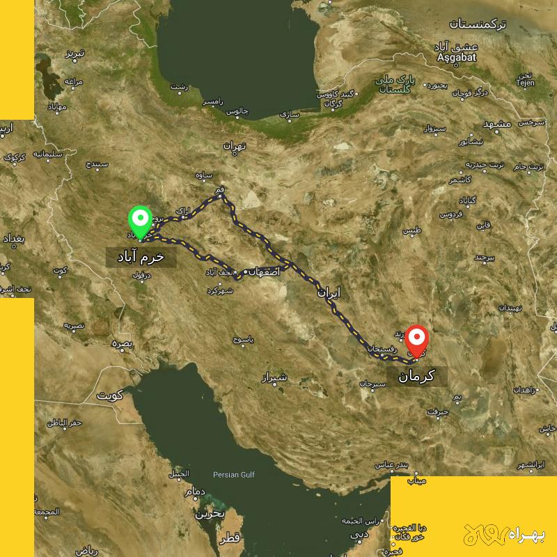 مسافت و فاصله کرمان تا خرم آباد از ۲ مسیر - مرداد ۱۴۰۳