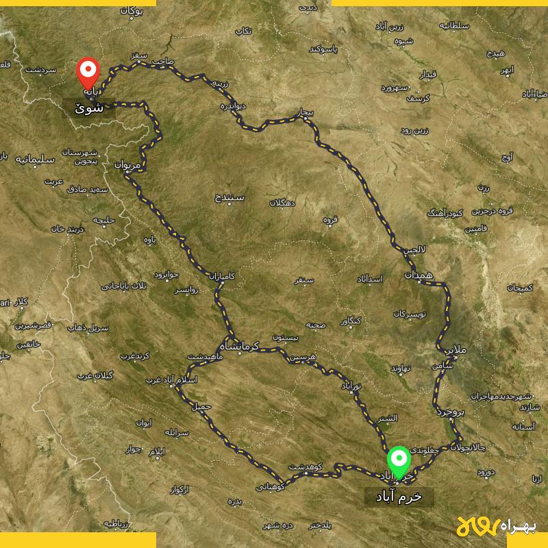مسافت و فاصله شوێ - کردستان تا خرم آباد از ۳ مسیر - شهریور ۱۴۰۳