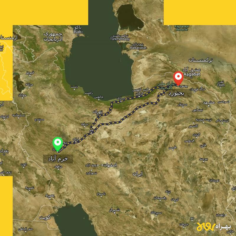 مسافت و فاصله بجنورد تا خرم آباد از ۲ مسیر - اردیبهشت ۱۴۰۳