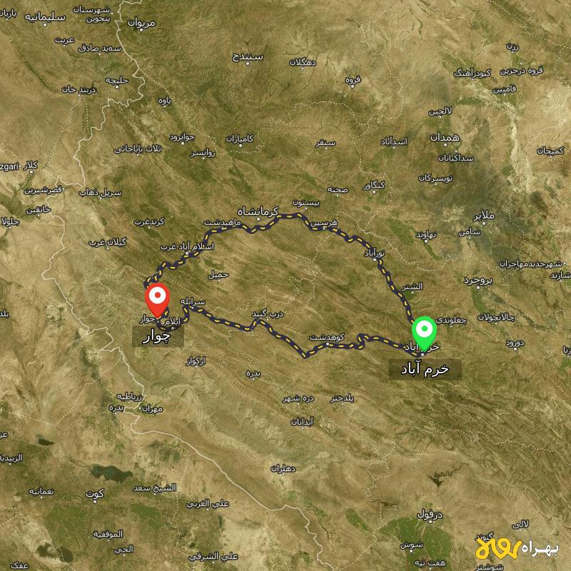 مسافت و فاصله چوار - ایلام تا خرم آباد از ۲ مسیر - آذر ۱۴۰۳