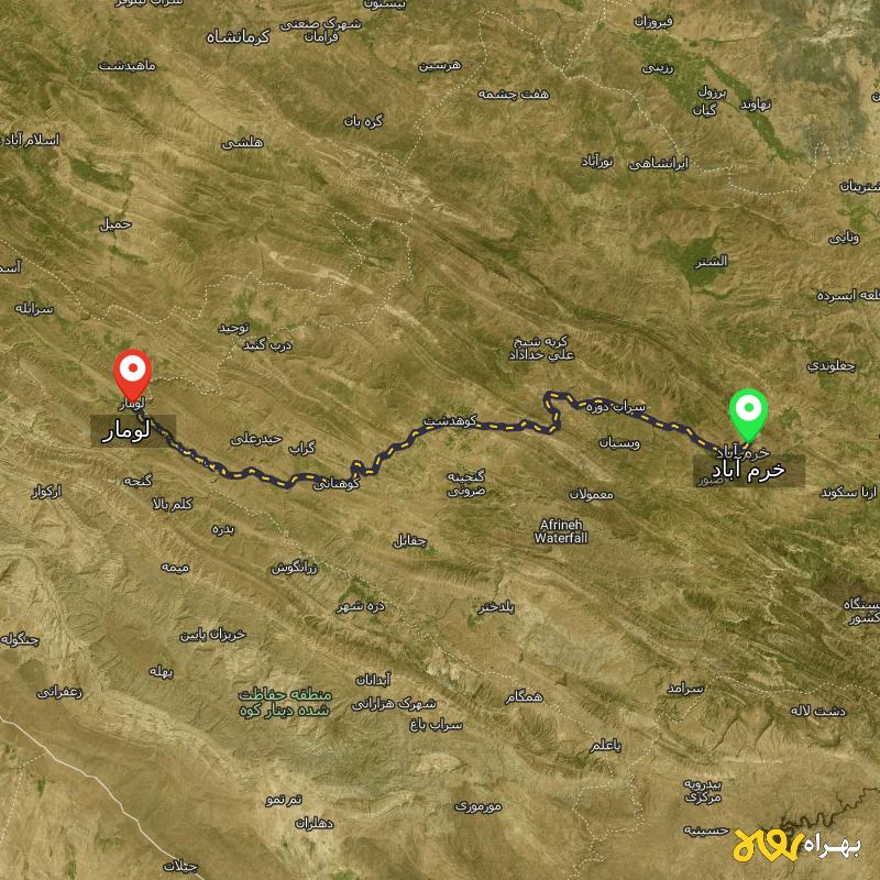 مسافت و فاصله لومار - ایلام تا خرم آباد - آذر ۱۴۰۳