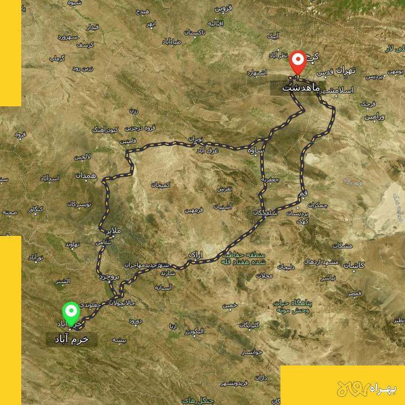 مسافت و فاصله ماهدشت - البرز تا خرم آباد از ۳ مسیر - شهریور ۱۴۰۳