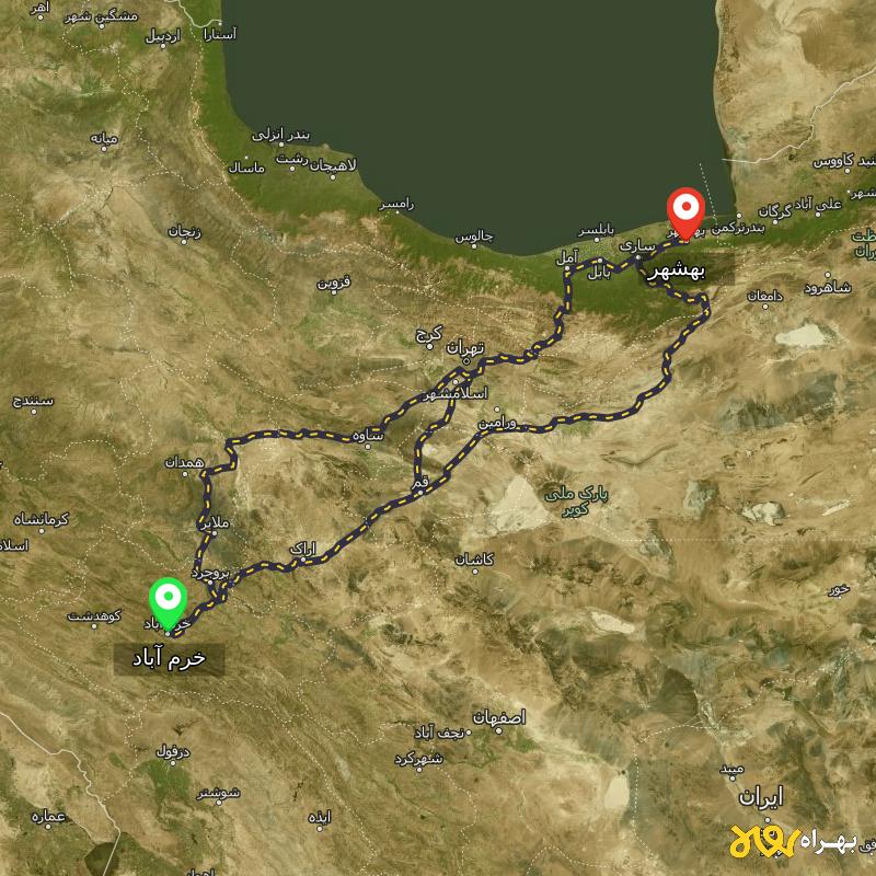 مسافت و فاصله بهشهر - مازندران تا خرم آباد از ۳ مسیر - آذر ۱۴۰۳
