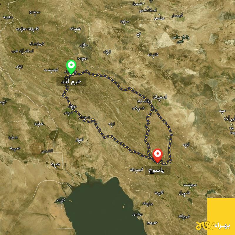 مسافت و فاصله یاسوج تا خرم آباد از 3 مسیر - مسیریاب بهراه