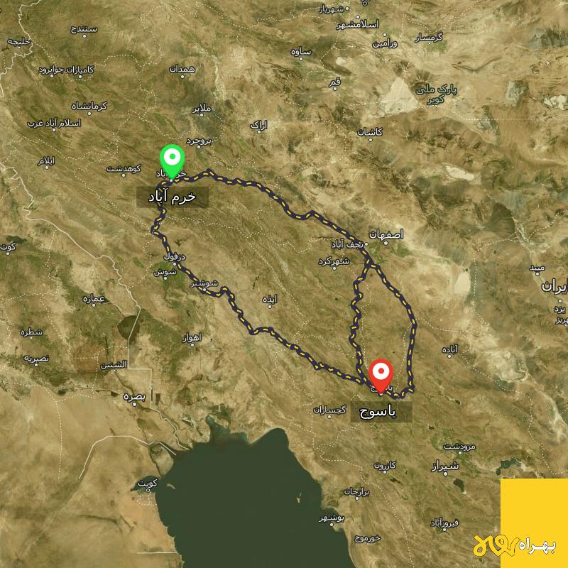 مسافت و فاصله یاسوج تا خرم آباد از ۳ مسیر - مرداد ۱۴۰۳