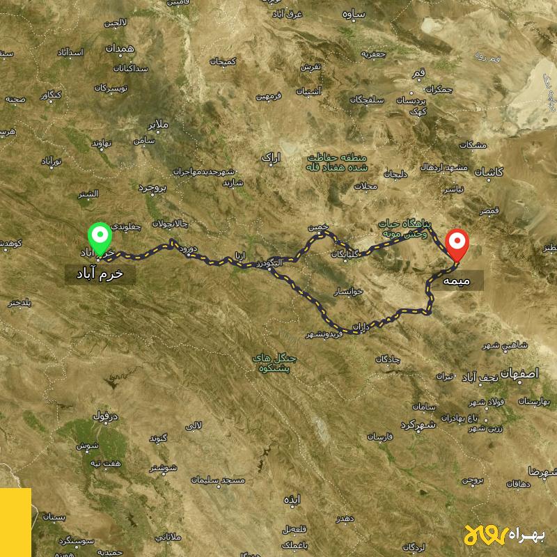 مسافت و فاصله میمه - اصفهان تا خرم آباد از ۲ مسیر - آذر ۱۴۰۳