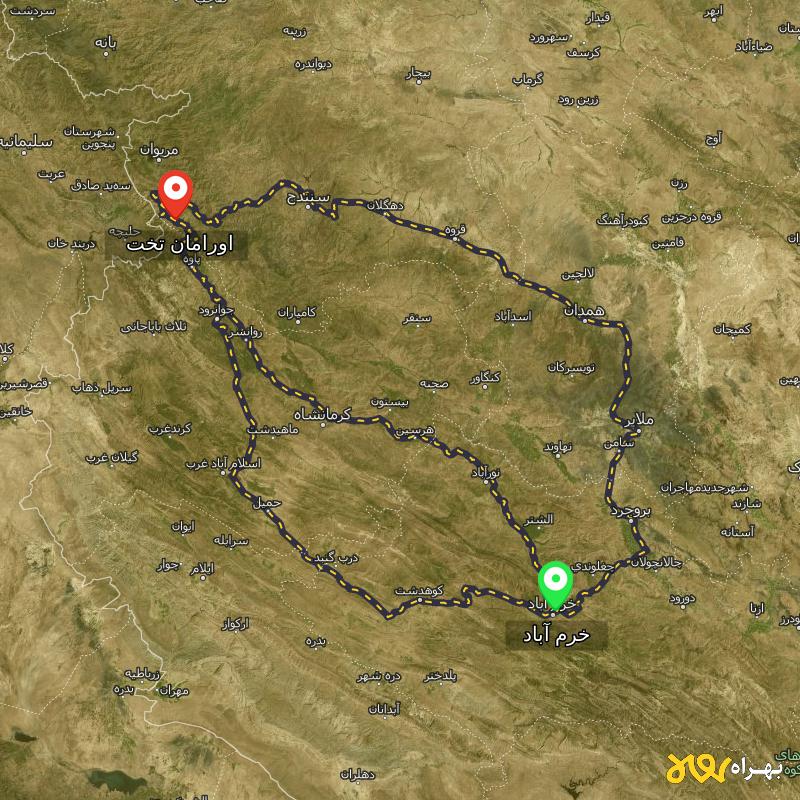 مسافت و فاصله اورامان تخت - کردستان تا خرم آباد از ۳ مسیر - آذر ۱۴۰۳