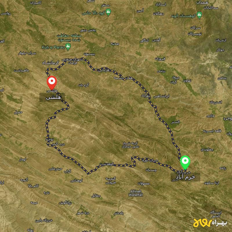 مسافت و فاصله هلشی - کرمانشاه تا خرم آباد از ۲ مسیر - دی ۱۴۰۳