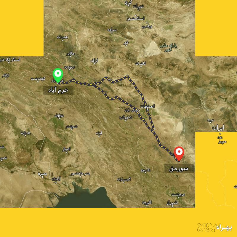 مسافت و فاصله سورمق - فارس تا خرم آباد از ۲ مسیر - مرداد ۱۴۰۳