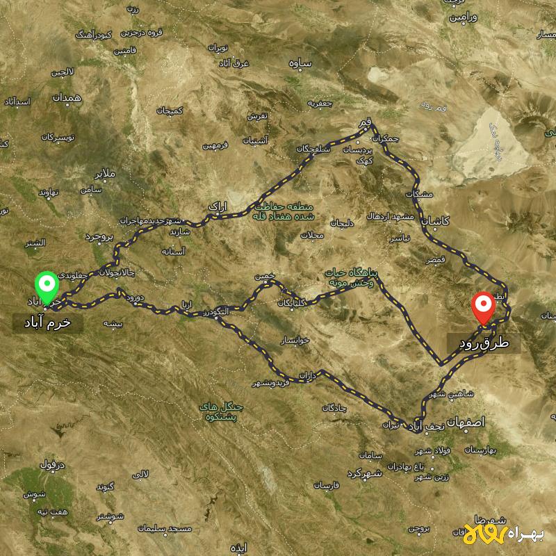 مسافت و فاصله طرق‌رود - اصفهان تا خرم آباد از ۳ مسیر - بهمن ۱۴۰۳
