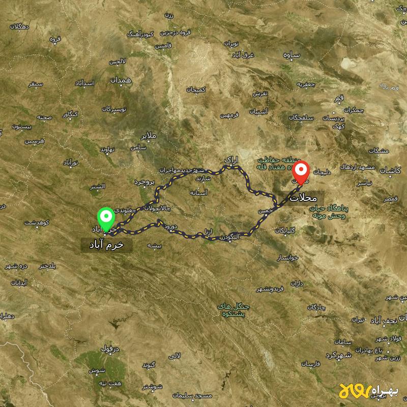 مسافت و فاصله محلات - مرکزی تا خرم آباد از ۲ مسیر - مرداد ۱۴۰۳