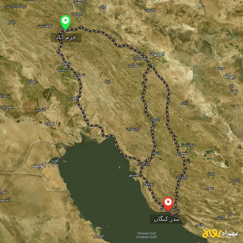 مسافت و فاصله بندر کنگان - بوشهر تا خرم آباد از ۳ مسیر - اردیبهشت ۱۴۰۳