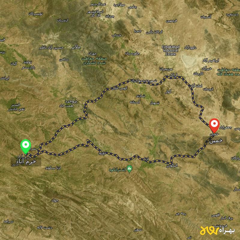 مسافت و فاصله خمین - مرکزی تا خرم آباد از ۲ مسیر - اردیبهشت ۱۴۰۳