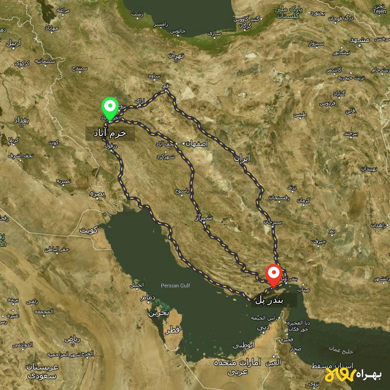 مسافت و فاصله بندر پل - هرمزگان تا خرم آباد از ۳ مسیر - آبان ۱۴۰۳