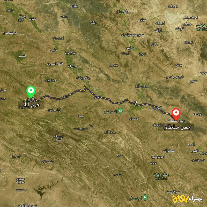 مسافت و فاصله چمن سلطان - لرستان تا خرم آباد - مرداد ۱۴۰۳