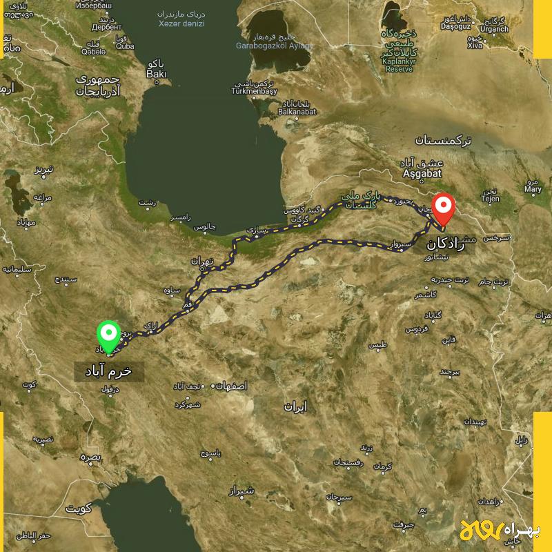 مسافت و فاصله رادکان - خراسان رضوی تا خرم آباد از ۲ مسیر - شهریور ۱۴۰۳