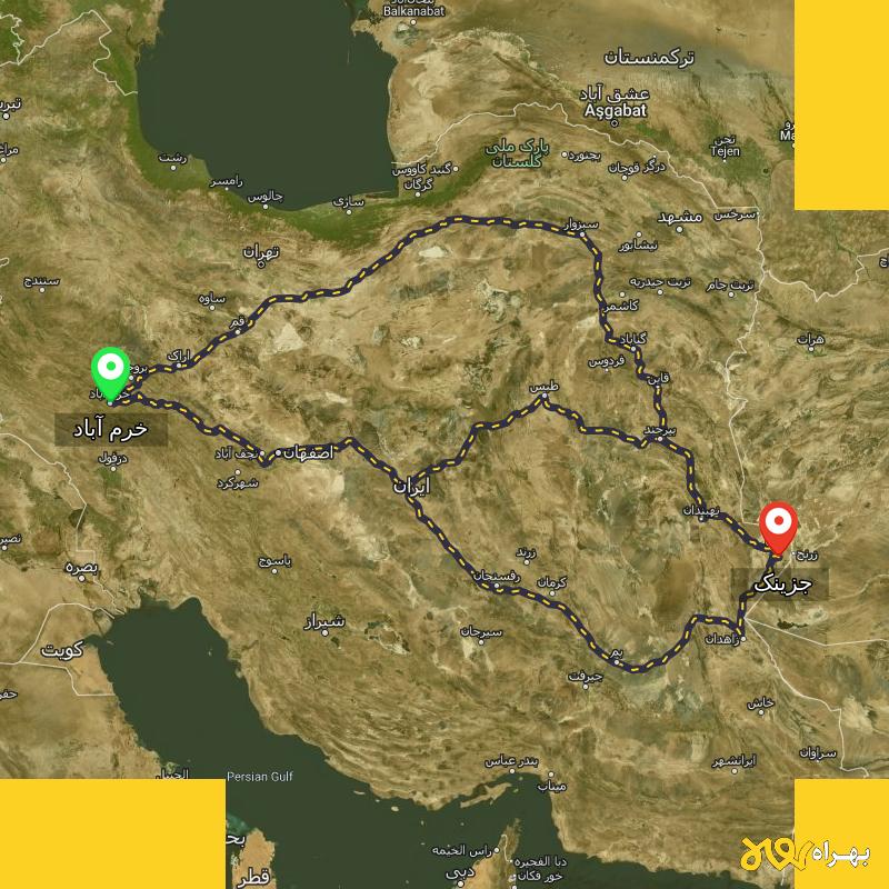 مسافت و فاصله جزینک - سیستان و بلوچستان تا خرم آباد از ۳ مسیر - مرداد ۱۴۰۳