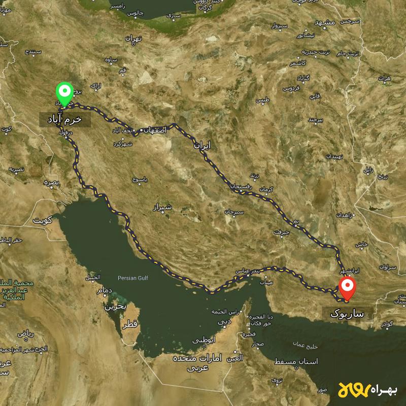 مسافت و فاصله ساربوک - سیستان و بلوچستان تا خرم آباد از ۲ مسیر - شهریور ۱۴۰۳