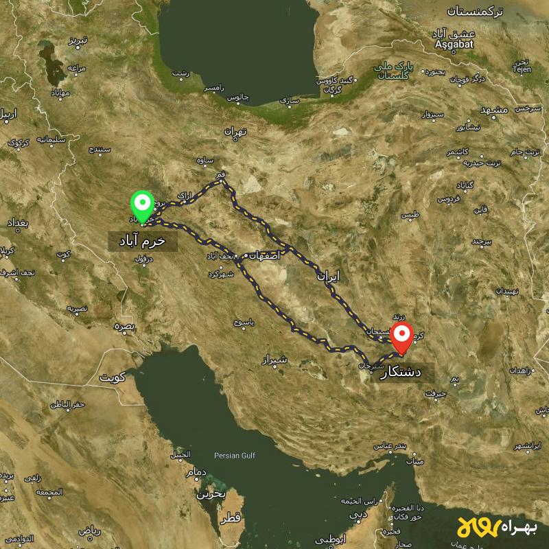مسافت و فاصله دشتکار - کرمان تا خرم آباد از ۳ مسیر - مهر ۱۴۰۳