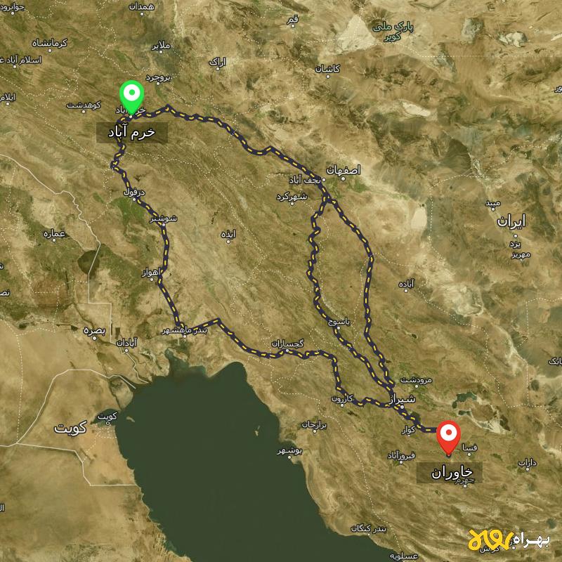 مسافت و فاصله خاوران - فارس تا خرم آباد از ۳ مسیر - آبان ۱۴۰۳
