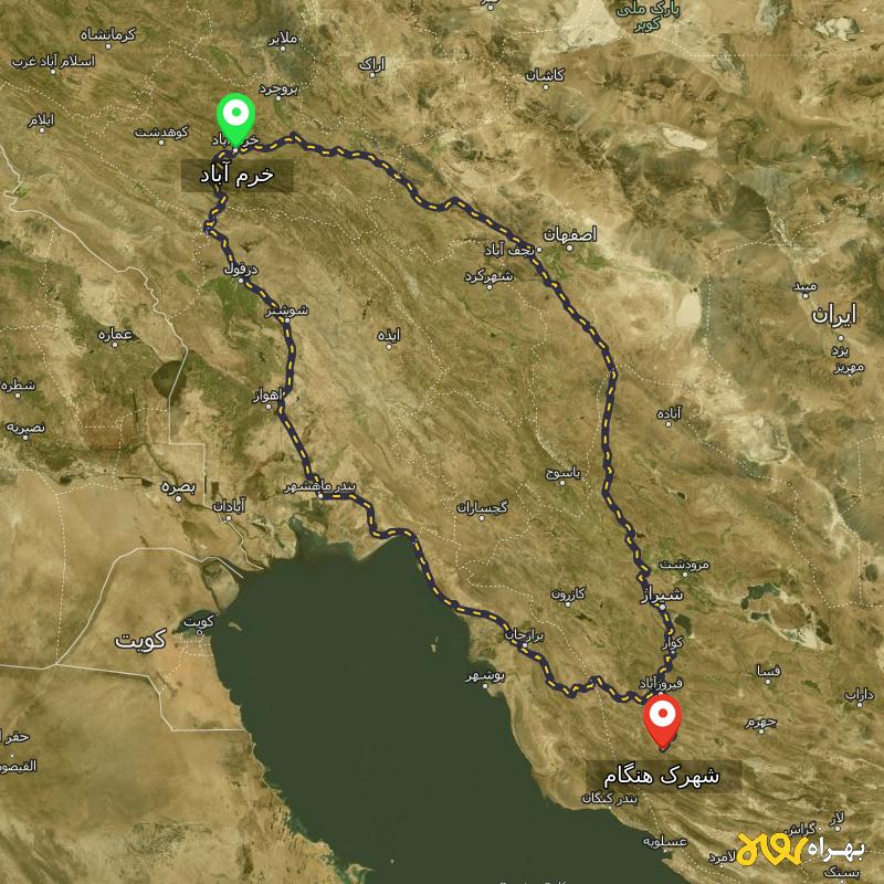 مسافت و فاصله شهرک هنگام - فارس تا خرم آباد از ۲ مسیر - مرداد ۱۴۰۳
