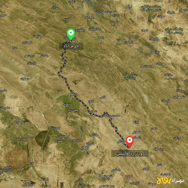 مسافت و فاصله رود زرد ماشین - خوزستان تا خرم آباد - مرداد ۱۴۰۳