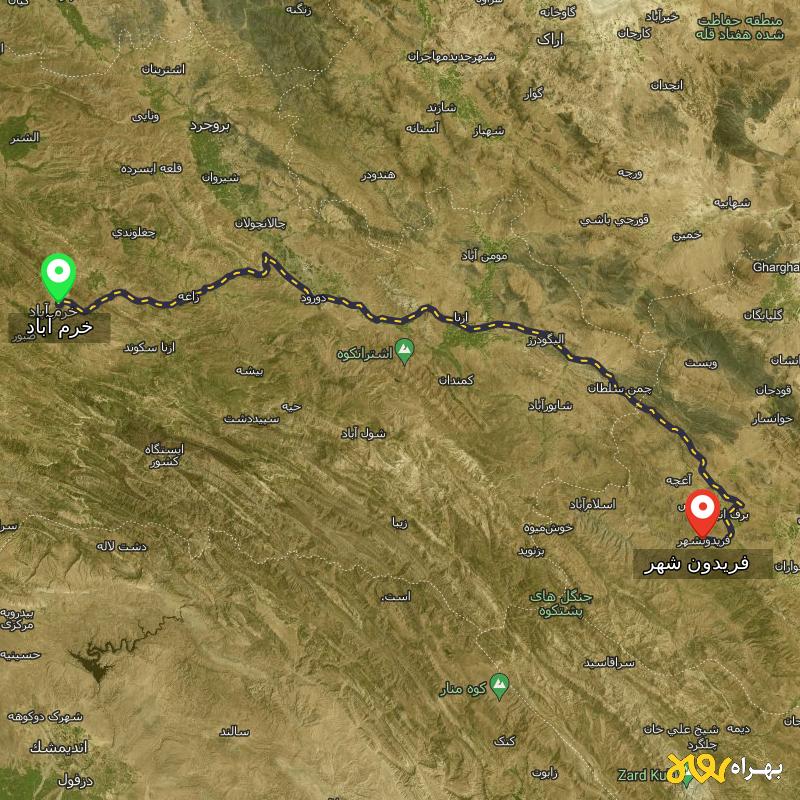مسافت و فاصله فریدون شهر - اصفهان تا خرم آباد - آذر ۱۴۰۳