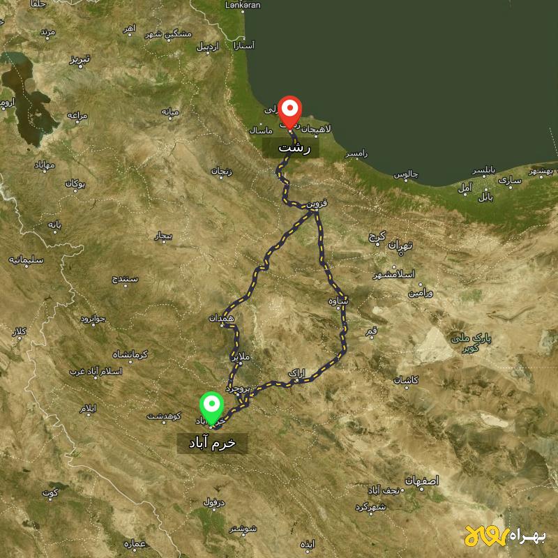 مسافت و فاصله رشت تا خرم آباد از ۲ مسیر - مرداد ۱۴۰۳