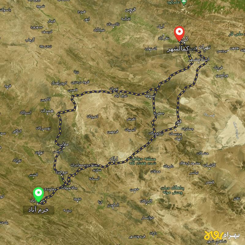مسافت و فاصله کمالشهر - البرز تا خرم آباد از ۳ مسیر - آبان ۱۴۰۳