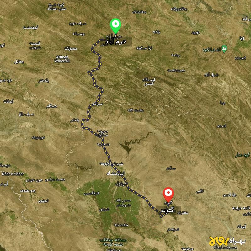 مسافت و فاصله گتوند - خوزستان تا خرم آباد - مهر ۱۴۰۳