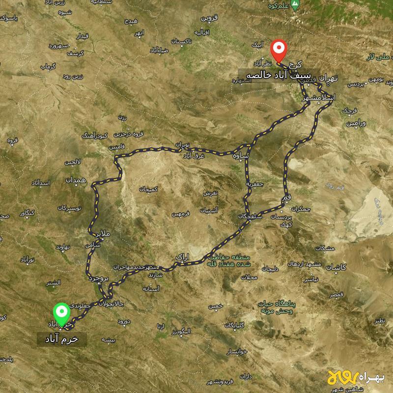 مسافت و فاصله سیف آباد خالصه - البرز تا خرم آباد از ۳ مسیر - مرداد ۱۴۰۳
